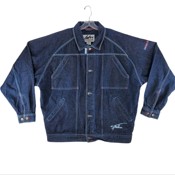 FUBU Denim Blue Jean Jacket Men 2XL Multi Pocket Embroidered Logo Button Up READ - Picture 1 of 16
